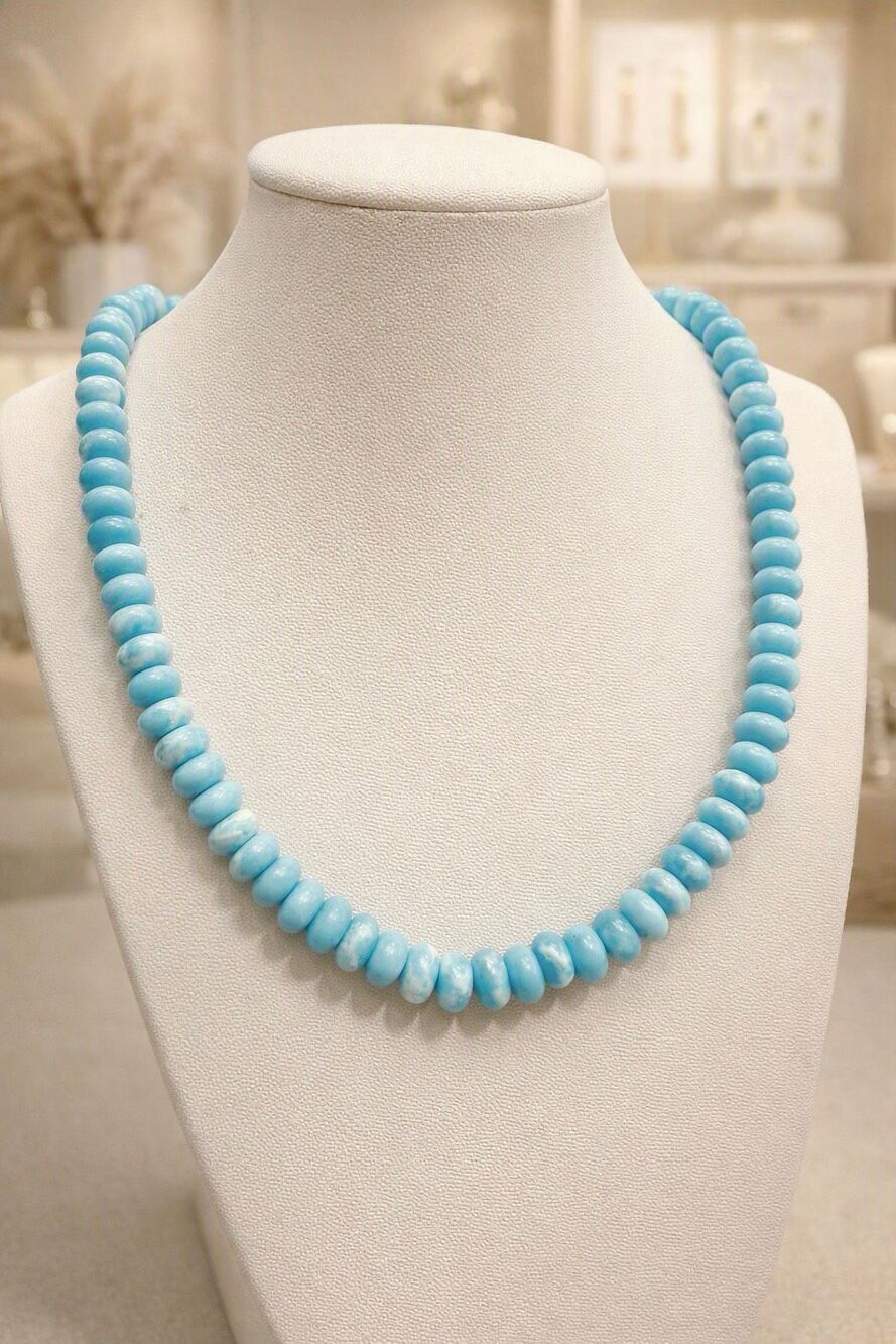 8mm Larimar Beaded Necklace • Adjustable 22” • Caribbean Blue Gemstone Jewelry